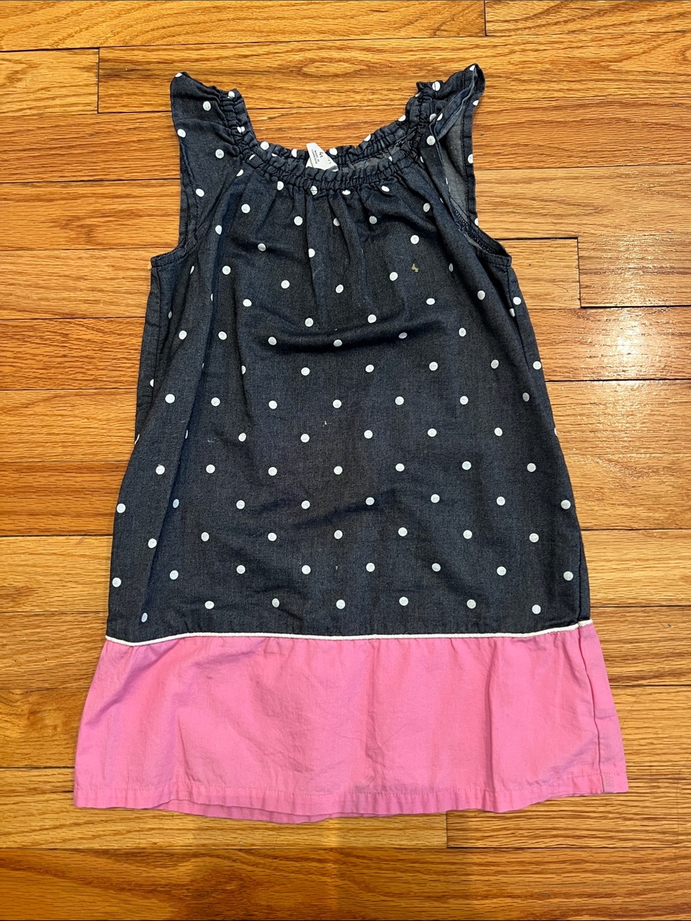 Healthtex 100% Cotton Blue Denim Polka Dot Dress with Pink Hem & Cap sleeves